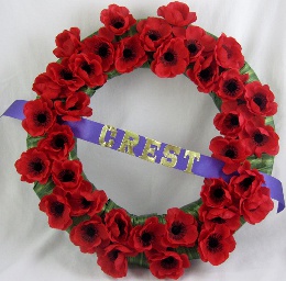 Remembrance Day Wreath With Ribbon  |  Periwinkle Flowers Toronto